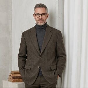 Protocol‎ Vintage Brown Herringbone Pure New Wool Blazer Jacket 46R Academia